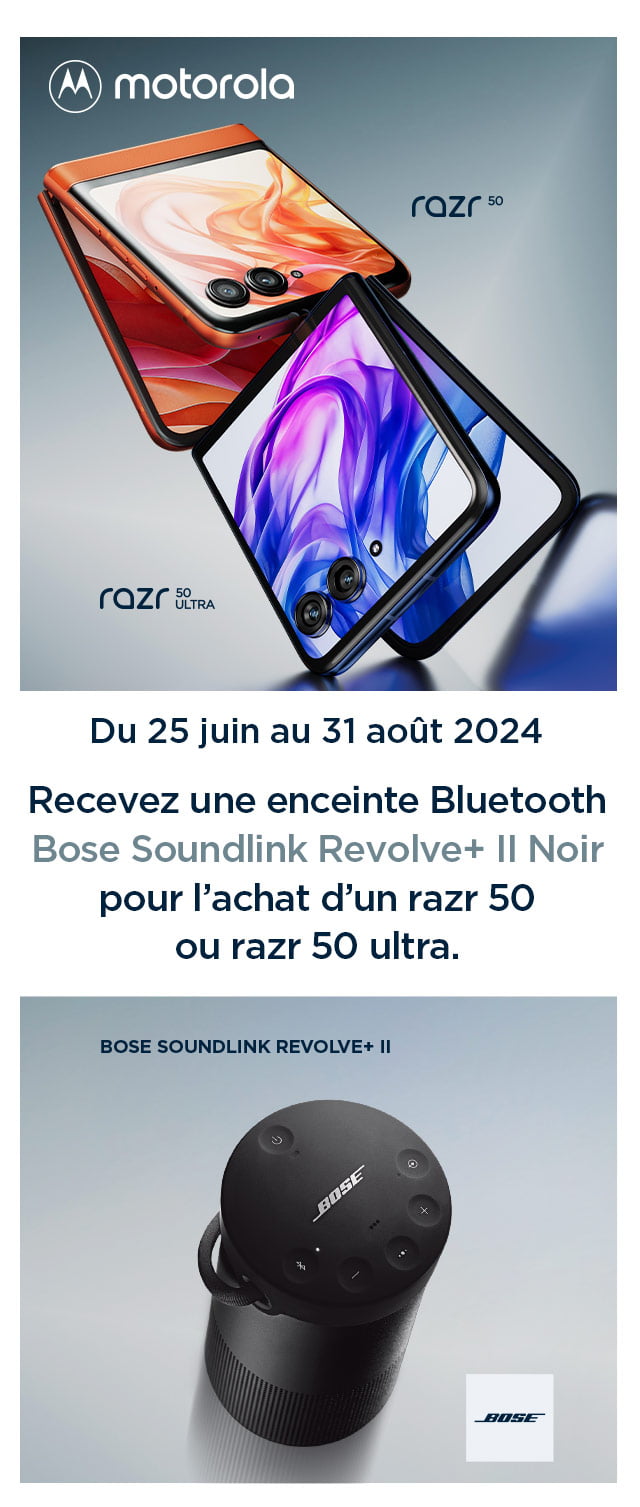 Du 25 juin au 31 août 2024 - Recevez une enceinte Bluetooth Bose Soundlink Revolve+ II Noir pour l’achat d’un razr 50 ou razr 50 ultra.