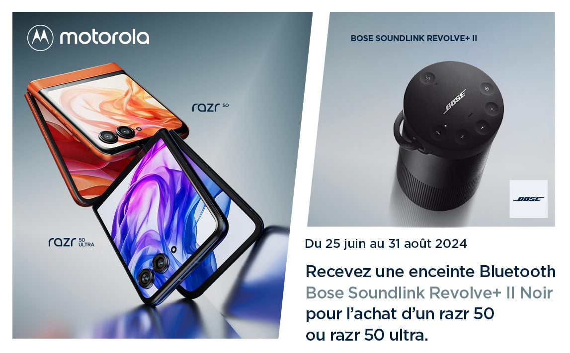 Du 25 juin au 31 août 2024 - Recevez une enceinte Bluetooth Bose Soundlink Revolve+ II Noir pour l’achat d’un razr 50 ou razr 50 ultra.